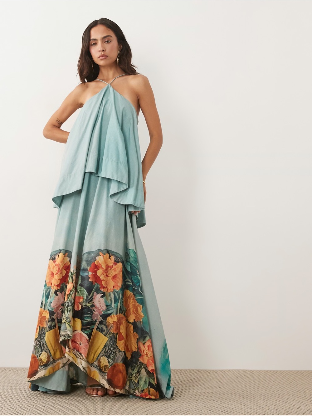 ASOS DESIGN halter volume double layer open back maxi dress in ombre teal floral